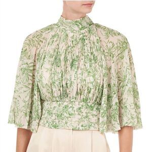 NWT Amur Bibi Pleated Leaf Print Plisse Blouse in Ecru/Green Large